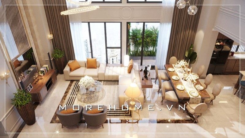 Bàn trà mặt kính hình tròn được đặt ở vị trí chính giữa của phòng khách góp phần mang tới giá trị thẩm mỹ và lịch sự cho không gian phòng khách của gia đình.