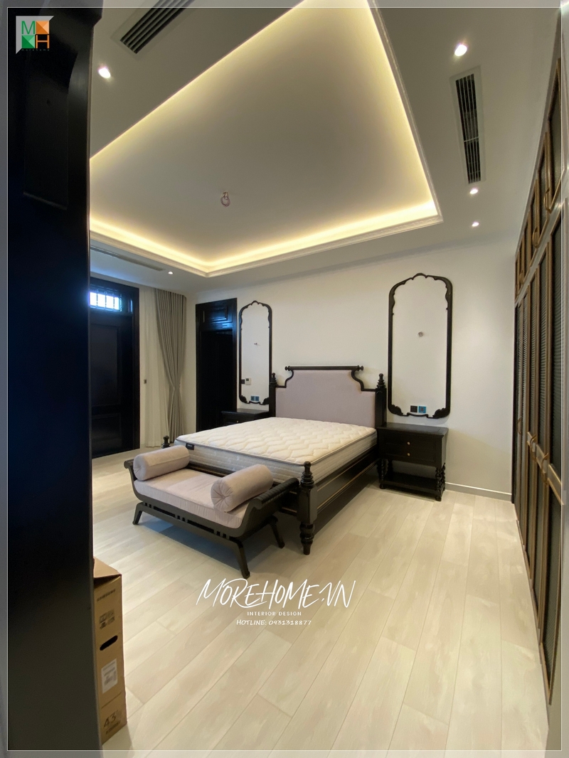 Thi công giường ngủ gỗ tự nhiên phong cách indochine nội thất chính trong không gian mang tới sự nghỉ ngơi, giấc ngủ ngon lành và tính thẩm mỹ cao cho không gian