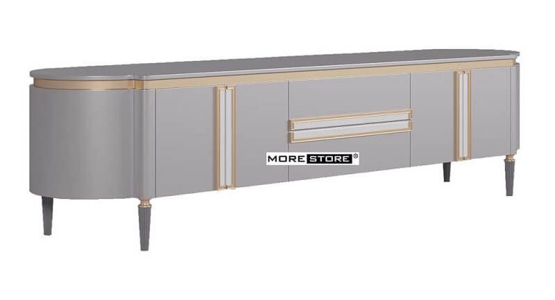 Mẫu kệ ti vi phòng khách cao cấp với thiết kế ấn tượng, chân gỗ cách điệu được yêu thích tại MoreHome
