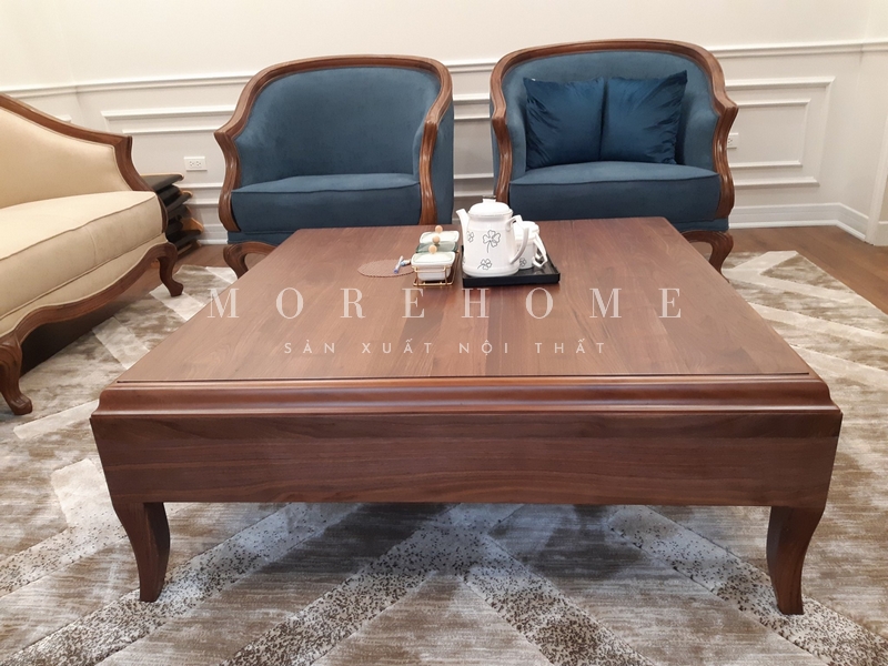 Thi công sofa đơn khung gỗ óc chó bọc nỉ màu xanh coban tân cổ điển có tựa thoải mái cho sử dụng, đường cong uốn lượn mềm mại thẩm mỹ
